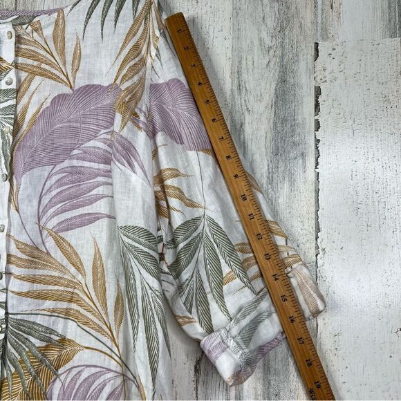 Tahari Linen Shirt Womens 1X Floral Leaves Print Long Roll Sleeve w Button Front - Picture 9 of 10